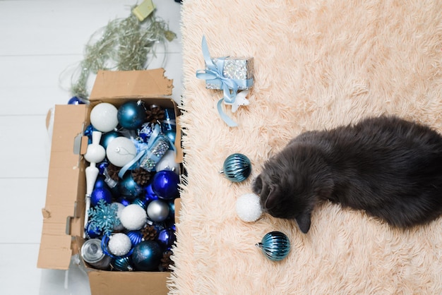 Eine graue pelzige Katze mit grünen Augen liegt auf einer pfirsichfarbenen Tagesdecke auf dem Bett und spielt mit Weihnachtsspielzeug mit Ballons und Girlanden. Zusammensetzung des neuen Jahres.