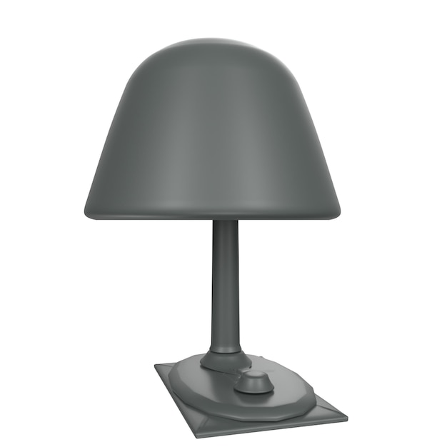 Eine graue Tischlampe mit schwarzem Fuß und grauem Schirm.