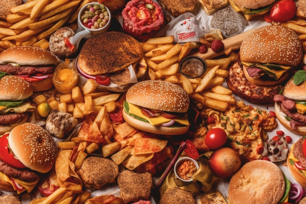 Eine große Anzahl von Junk Food, darunter Hamburger, Pommes und eine Tasse Coca Cola.