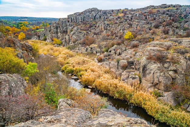 Eine große Anzahl von Steinmineralien, die mit grüner Vegetation bedeckt sind, liegen über einem kleinen Fluss in der malerischen Ukraine und ihrer wunderschönen Natur