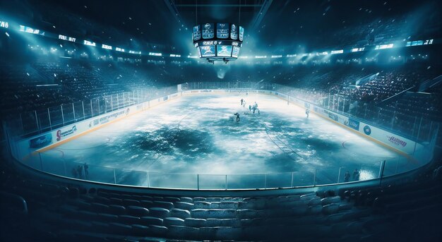 Foto eine große arena mit gefrorenen hockeybahnen und rauch