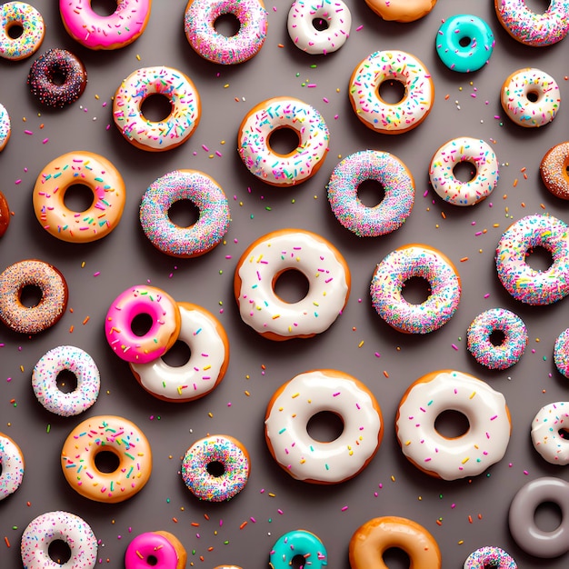 Eine große Auswahl an Donuts mit weißen, rosa und blauen Streuseln.