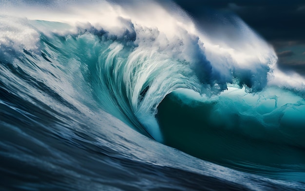 Eine große blaue Welle mit einem weißen Kamm am Boden.