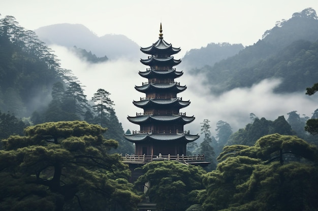 Eine große chinesische Pagode inmitten üppiger Kiefern, eingehüllt in ätherischen Bergnebel