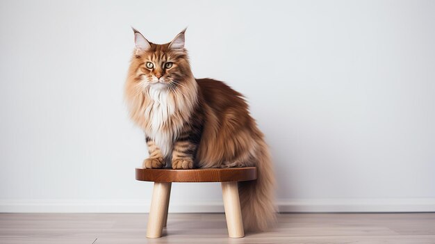 Eine große, erwachsene braune Maine Coon-Katze sitzt auf einem leichten Buchenstuhl und schaut in den Rahmen auf den Raum zum Kopieren