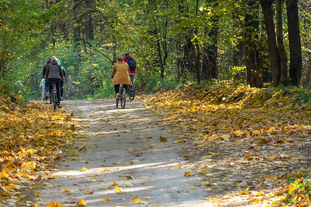 Eine große Familie fährt mit dem Fahrrad auf ruhigen Wegen im Herbstwald. Verbringen Sie Zeit mit Ihrer Familie, fahren Sie mit dem Fahrrad an ökologisch sauberen Orten. Herbstwald und buntes Laub