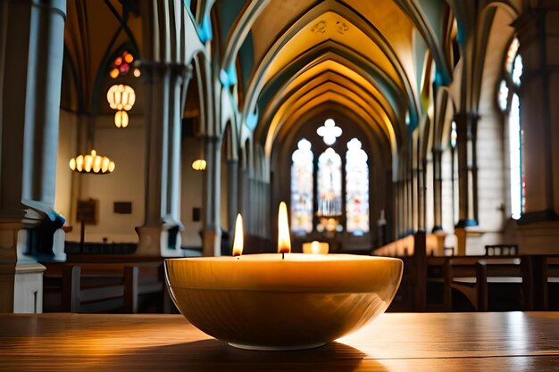 Foto eine große goldschale steht auf einem tisch in einer kirche.