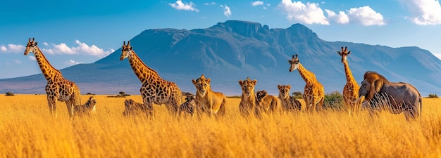 Eine große Gruppe afrikanischer Tiere, Giraffen, Löwen, Elefanten, Affen und andere stehen zusammen mit einem Berg im Hintergrund