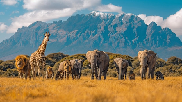Eine große Gruppe afrikanischer Tiere, Giraffen, Löwen, Elefanten, Affen und andere stehen zusammen mit einem Berg im Hintergrund