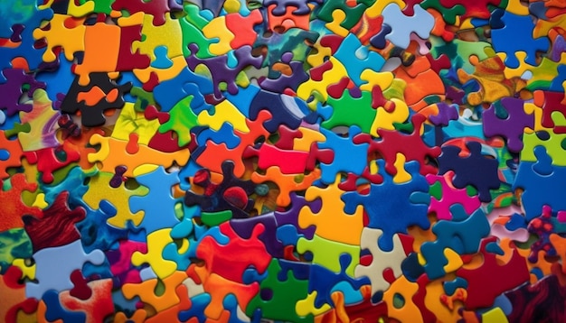 Eine große Gruppe bunter Puzzleteile mit dem Wort Autismus auf der Unterseite.