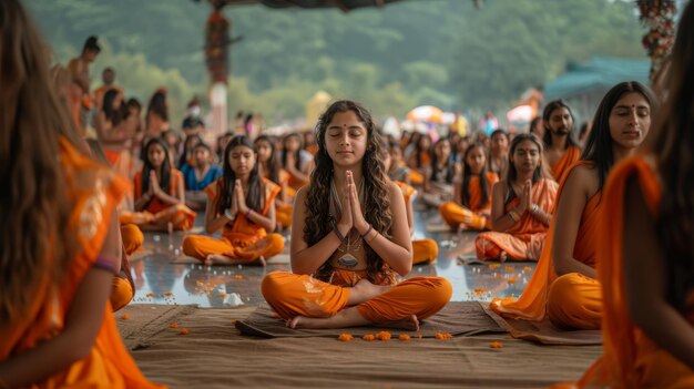 Eine große Gruppe junger Frauen in orangefarbenen Roben meditiert im Freien am Internationalen Tag des Yogas