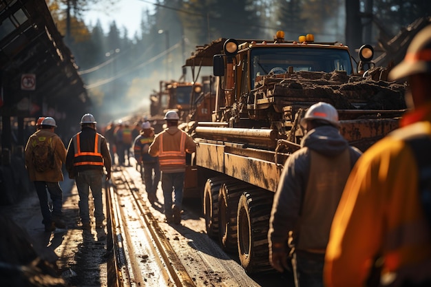 Eine große Gruppe von Arbeitern, die gemeinsam an dem mit KI generierten Autobahnbauprojekt arbeiten