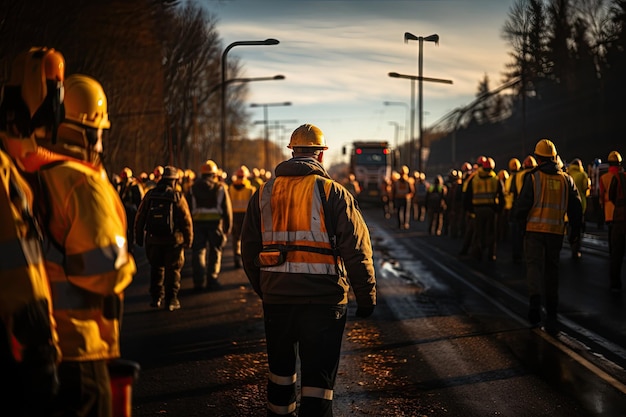 Eine große Gruppe von Arbeitern, die gemeinsam an dem mit KI generierten Autobahnbauprojekt arbeiten