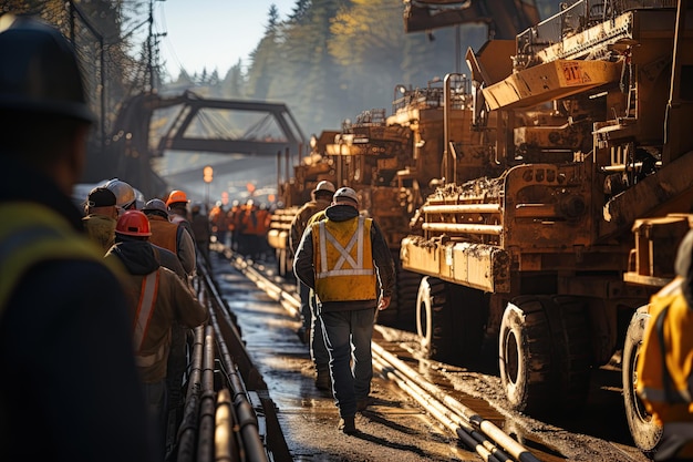 Eine große Gruppe von Arbeitern, die gemeinsam an dem mit KI generierten Autobahnbauprojekt arbeiten