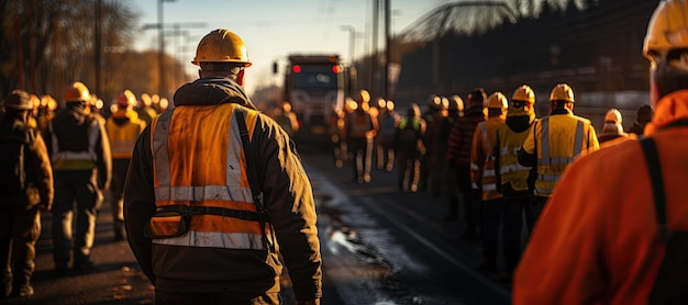 Eine große Gruppe von Arbeitern, die gemeinsam an dem mit KI generierten Autobahnbauprojekt arbeiten