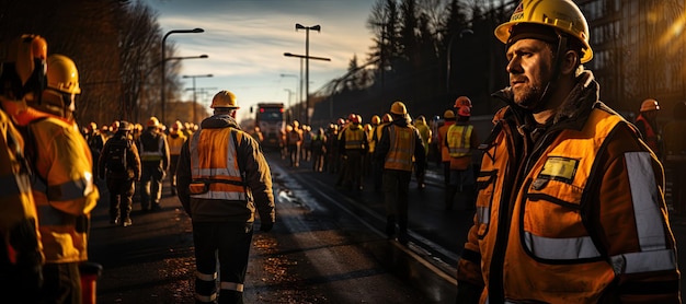 Eine große Gruppe von Arbeitern, die gemeinsam an dem mit KI generierten Autobahnbauprojekt arbeiten