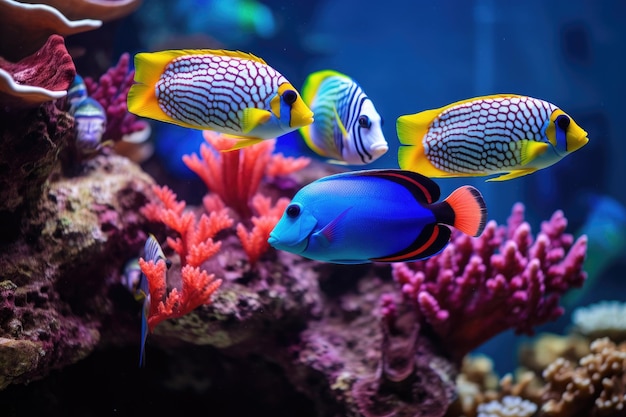 Eine große Gruppe von Fischen schwimmt anmutig durch das Wasser in einem Aquarium Eine Schar vielfarbiger tropischer Fische in einem Korallenriff