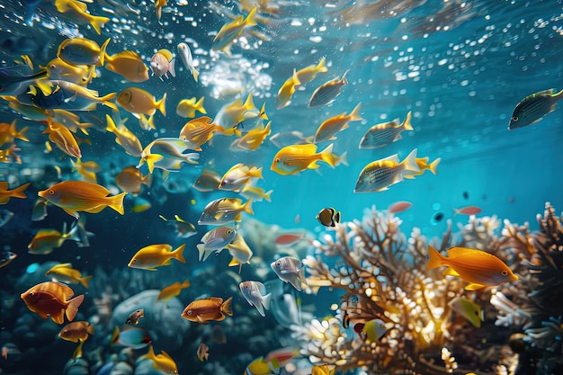 Eine große Gruppe von Fischen schwimmt über einem Korallenriff