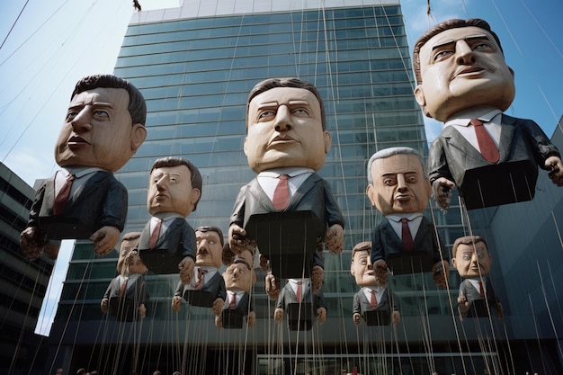 eine große Gruppe von Männern in Anzügen steht vor einem Gebäude mit vielen Gesichtern.