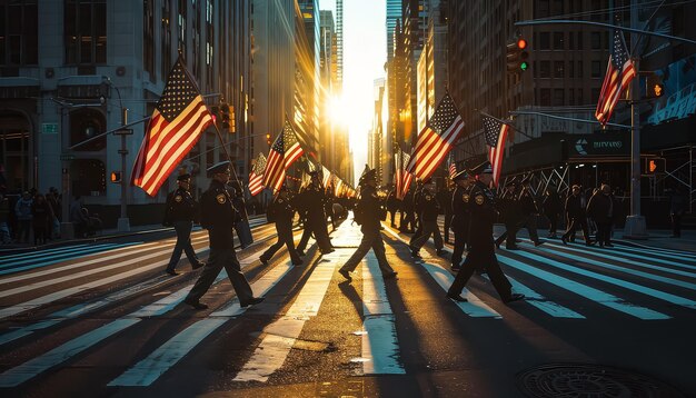 Eine große Gruppe von Menschen geht mit amerikanischen Fahnen eine Stadtstraße entlang