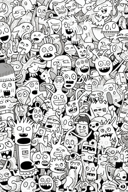 Eine große Gruppe von Zeichentrickfiguren wird in Schwarzweiß dargestellt.