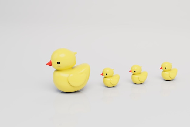 Eine große Gummiente mit kleinen gelben Enten auf weißem Hintergrund 3D-Rendering