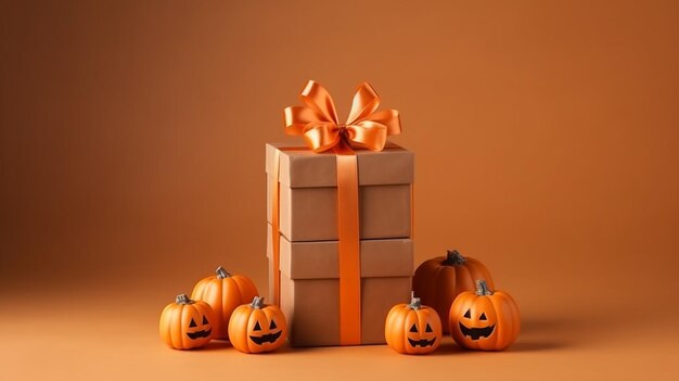 Eine große Halloween-Geschenkkiste für eine Halloween-Party in der Nähe von Kürbis auf dem Hintergrund