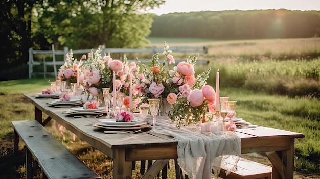 Eine große Hochzeit mit lang geschmückter Holztisch und Stühlen, die mit einem weißen Tischtuch mit Geschirr bedeckt sind