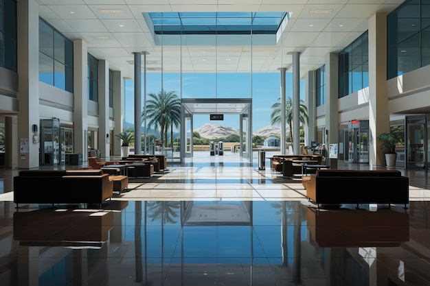 Eine große Lobby mit einer Glasdecke und einem Blick auf die Berge