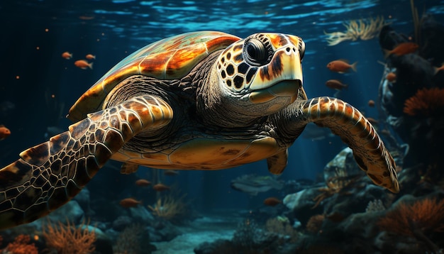 Eine große Meeresschildkröte schwimmt im blauen Riff, erzeugt durch künstliche Intelligenz