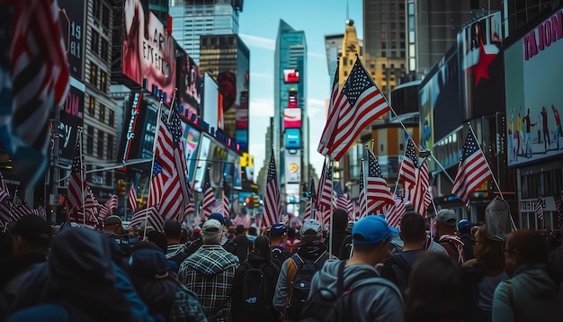 Eine große Menschenmenge hält amerikanische Fahnen