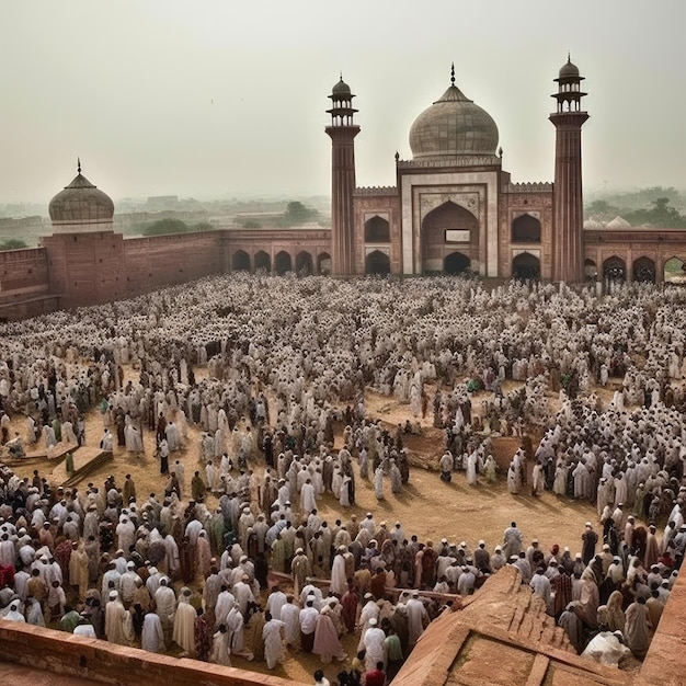 Eine große Menschenmenge versammelt sich vor einer Moschee