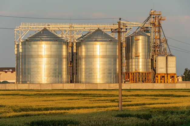 Eine große moderne Anlage zur Lagerung und Verarbeitung von Getreide Blick auf den Getreidespeicher an einem sonnigen Tag gegen den blauen Himmel Ende der Erntesaison