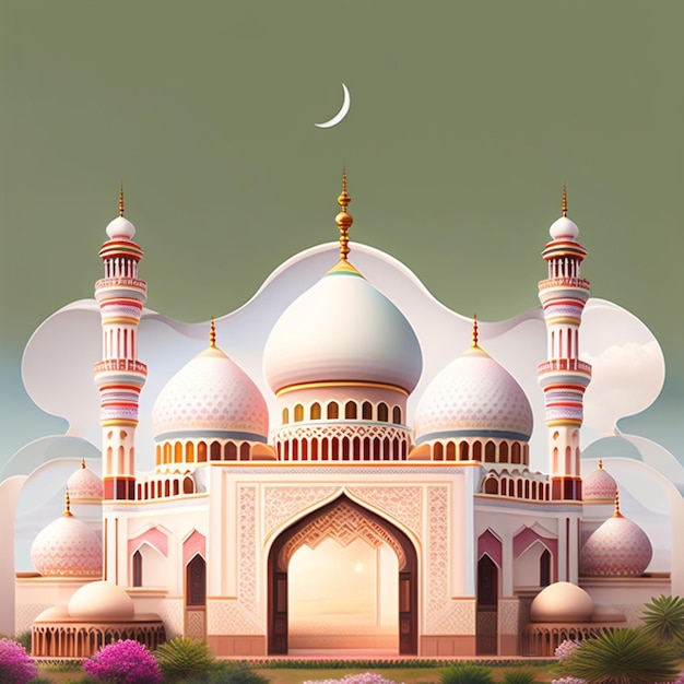 Eine große Moschee mit einer grünen Wiese und einem Mond im Hintergrund.