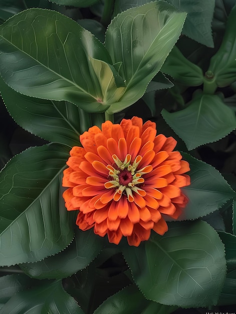 Eine große orangefarbene Blume mit grünen Blättern