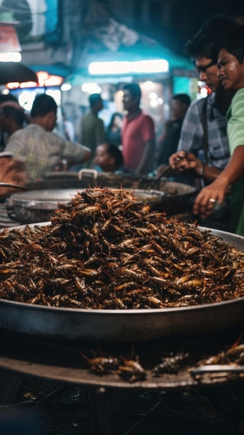 Eine große Pfanne gefüllt mit vielen frittierten Insekten. Generatives KI-Bild