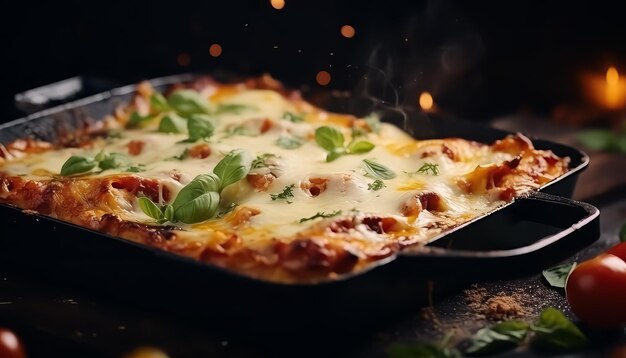 Eine große Pfanne Lasagne mit Basilikum und Tomaten oben