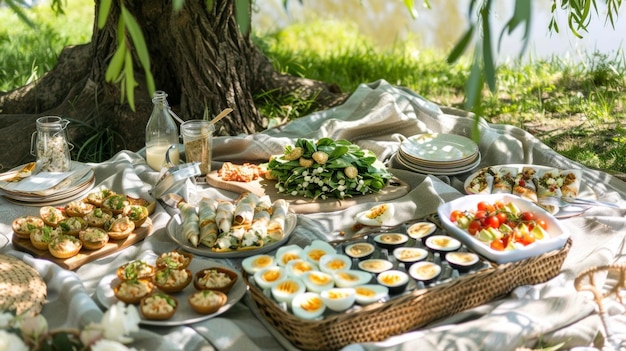 Eine große Picknickdecke sitzt unter dem Schatten einer Weide mit einer Vielzahl von Fingerfoods wie