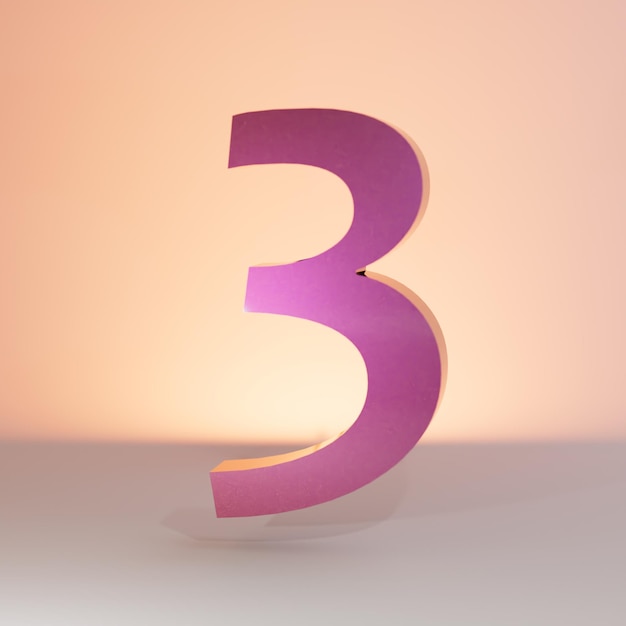 eine große rosa beleuchtete Zahl 3 vor einem Hintergrund in Pastellfarben. Symbol 3.