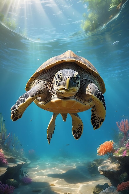 Eine große Schildkröte im Sommer im Wasser
