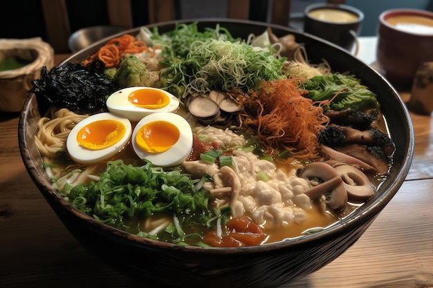 Eine große Schüssel Ramen mit viel Brühe