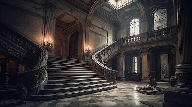 Eine große Treppe in einem alten Gebäude mit einer großen Treppe in der Mitte.