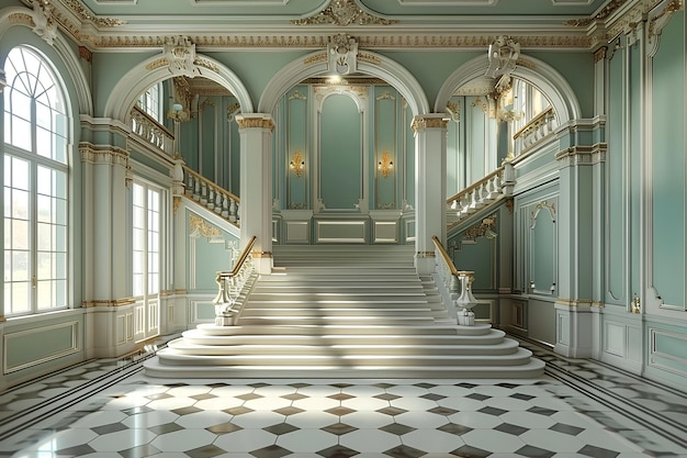 Eine große Treppe mit einem Schachboden und einem Kronleuchter in der Mitte mit einem großen Fenster