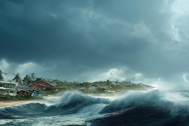 Eine große Tsunami-Welle an einem Meeresstrand mit Palmenwasser zerstört Häuser am Ufer 3D-Illustration