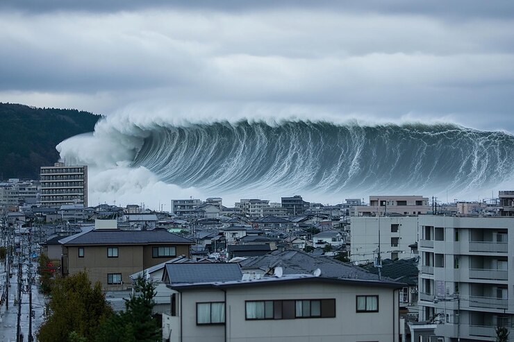 Foto eine große tsunamiwelle stürzt in eine stadt