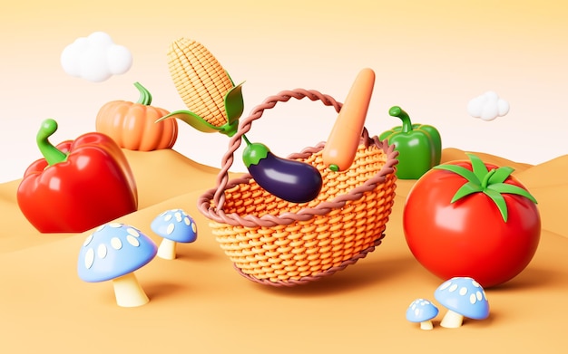 Eine große Vielfalt an Gemüse fliegt aus dem Korb auf dem Außen-Hintergrund 3D-Rendering