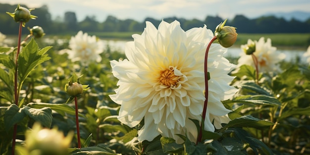 Eine große weiße Blume sitzt auf einem üppig grünen Feld