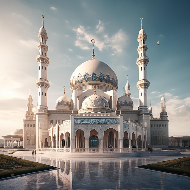 Eine große weiße Moschee mit einem blauen Himmel im Hintergrund.