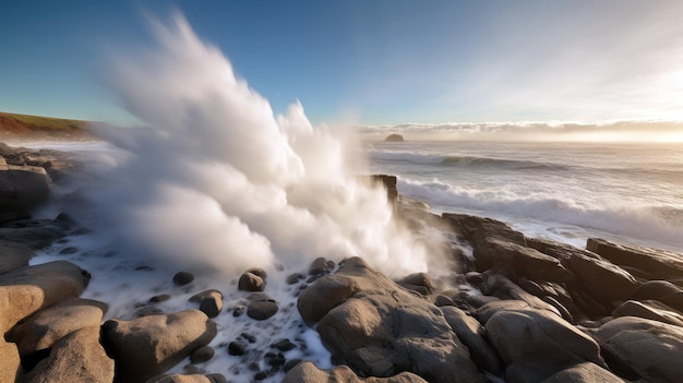 Eine große Welle kracht über Felsen und Felsen an der Küste