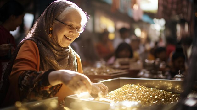 eine Großmutter in Kebaya verkauft Goldbarren und Diamanten auf einem traditionellen Markt